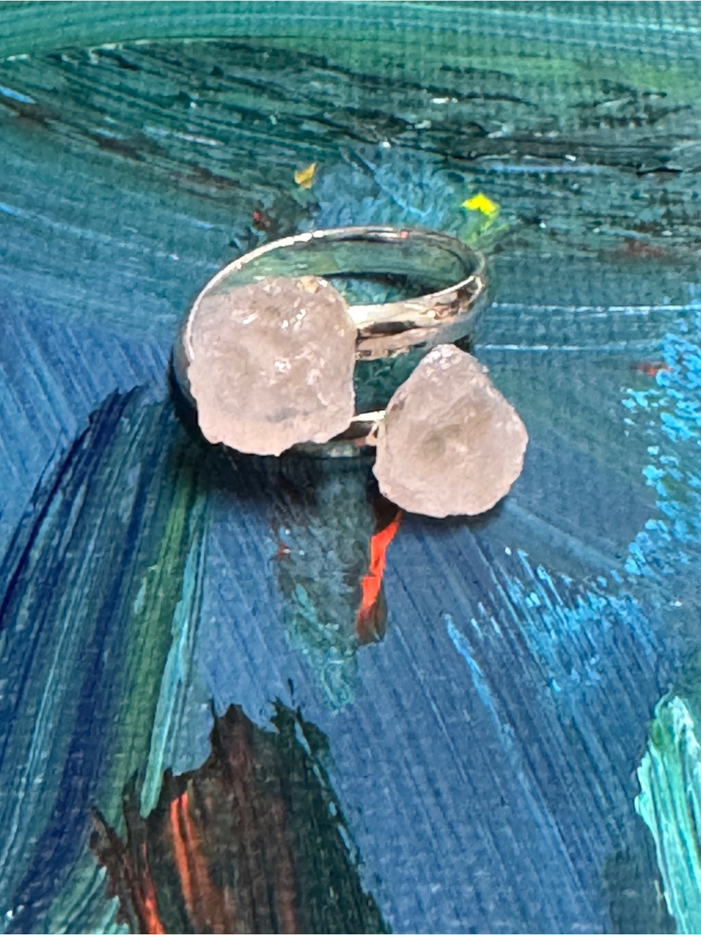 Raw Rose Quartz Crystal Double Stone Ring. Adjustable for different sizes!